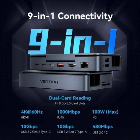 Docking USB Tipo-C para Steam Deck / Switch Vention TPZH0/ 2xHDMI 4K/ 3xUSB/ 1xUSB Tipo-C/ 1xUSB Tipo-C PD/ 1xRJ45/ 1xLector Tar