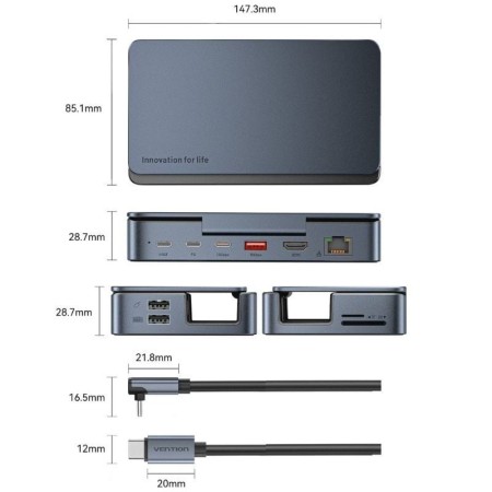 Docking USB Tipo-C para Steam Deck / Switch Vention TPZH0/ 2xHDMI 4K/ 3xUSB/ 1xUSB Tipo-C/ 1xUSB Tipo-C PD/ 1xRJ45/ 1xLector Tar