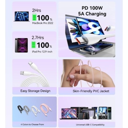 Cable USB 2.0 Tipo-C Vention TRWPF/ USB Tipo-C Macho - USB Tipo-C Macho/ Hasta 100W/ 480Mbps/ 1m/ Rosa