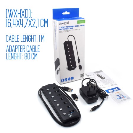 EWENT Hub usb-usb-c 7 ptos interruptor c/alimen.