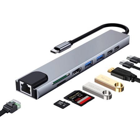 EWENT DOCKING MULTIPUERTO USB-C, 8 en 1, HDMI 4K
