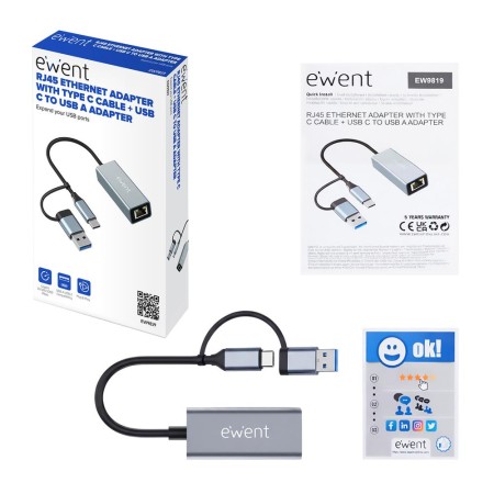 Adaptador de red usb tipo c - usb 3.2 a rj45 ewent 15cm - macho - hembra - gris