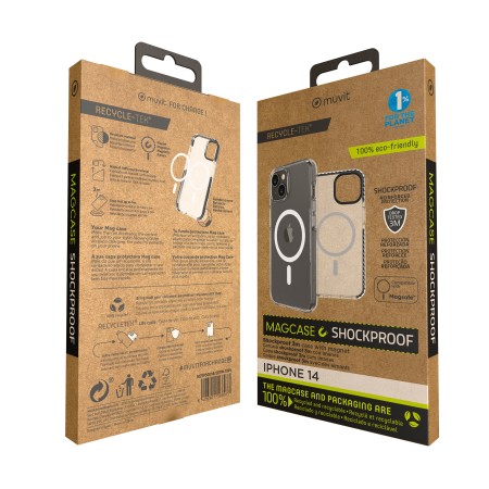 Funda muvit recycletek magsafe shockproof 3m para apple iphone 14 transparente - negra