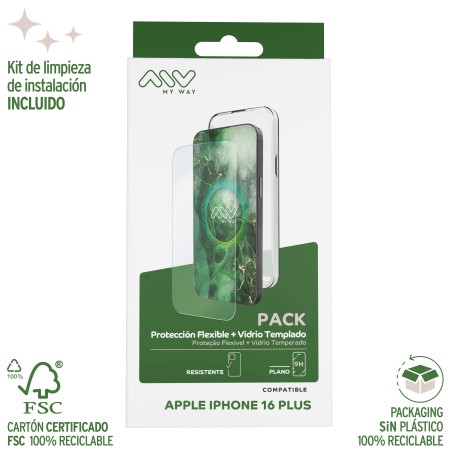 Carcasa myway para apple iphone 16 plus transparente + protector pantalla cristal templado