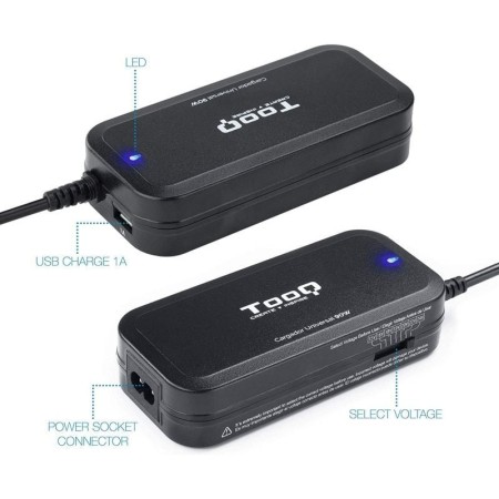 Cargador de Portátil TooQ TQLC-90BS02M/ 1xUSB/ 90W/ Manual/ 12 Conectores/ Voltaje 15-24V