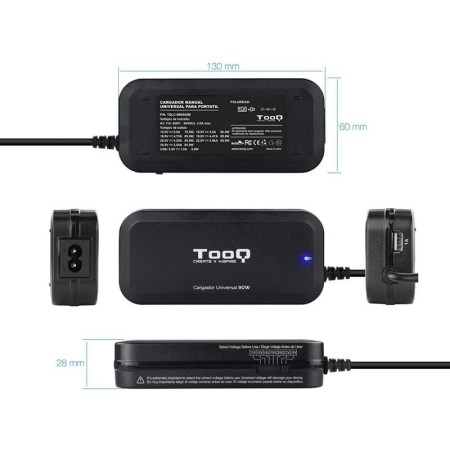 Cargador de Portátil TooQ TQLC-90BS02M/ 1xUSB/ 90W/ Manual/ 12 Conectores/ Voltaje 15-24V