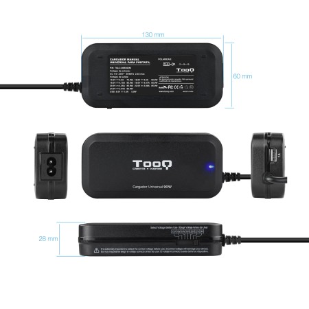Cargador de Portátil TooQ TQLC-90BS02M/ 1xUSB/ 90W/ Manual/ 12 Conectores/ Voltaje 15-24V