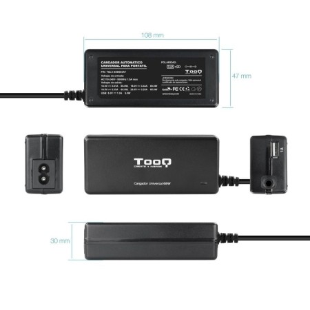Cargador de Portátil TooQ TQLC-65BS02AT/ 65W/ 1xUSB/ Automático/ 8 Conectores/ Voltaje 18.5-20V/ 1 USB