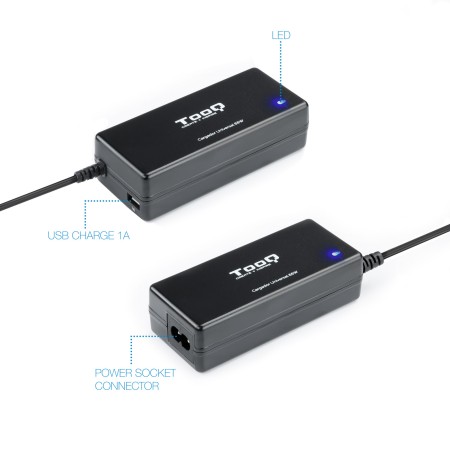 Cargador de Portátil TooQ TQLC-65BS02AT/ 65W/ 1xUSB/ Automático/ 8 Conectores/ Voltaje 18.5-20V/ 1 USB