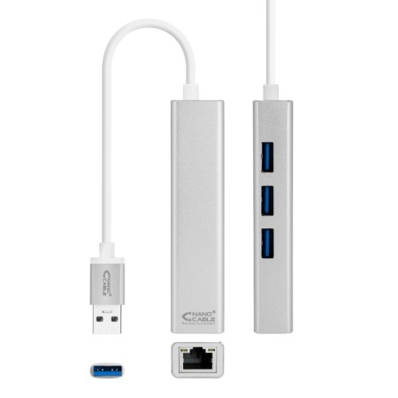 Adaptador hub usb tipo a 3.0 a ethernet gigabit+3xusb nanocable 0.15m plata