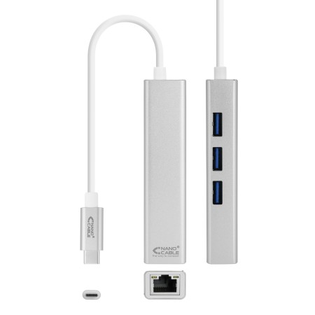 Cable usb tipo c 3.0 a gigabit ethernet + 3 x usb 3.0 nanocable 15cm - macho - hembra - plata