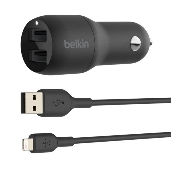 Cargador de coche belkin ccd001bt1mbk 24w 2x usb tipo a  cable lightning a usb tipo a