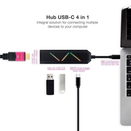 Hub nanocable 4 en 1 usb tipo c - usb - hdmi - 15cm - macho - hembra