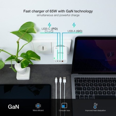 TOOQ Cargador pared GAN 2xUSB-C 1xUSB-A 45W+20W