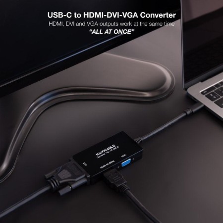 Conversor Nanocable 10.16.4301-ALL/ USB Tipo-C Macho - HDMI Hembra - DVI-I Hembra - VGA Hembra/ 20cm/ Negro