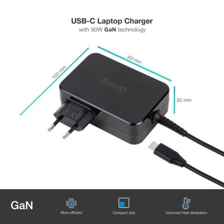 Tooq Cargador portatil GAN USB-C PD 90W Negro