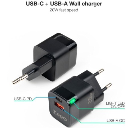 Cargador pared tooq usb - c - pd + usb - a - qc 20w negro