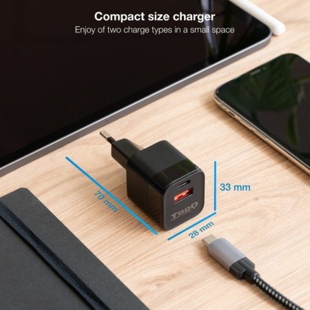 Cargador pared tooq usb - c - pd + usb - a - qc 20w negro