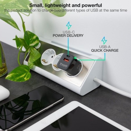 Cargador pared tooq usb - c - pd + usb - a - qc 20w negro