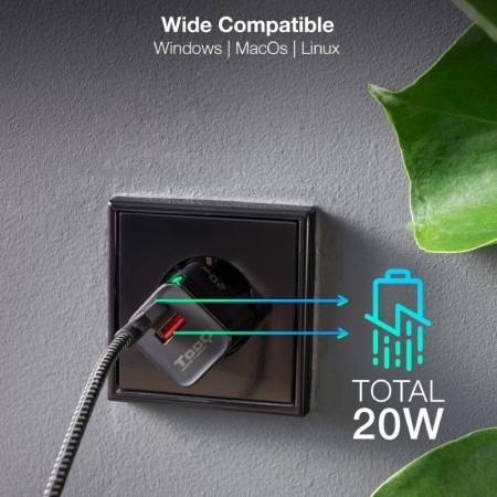 Cargador pared tooq usb - c - pd + usb - a - qc 20w negro