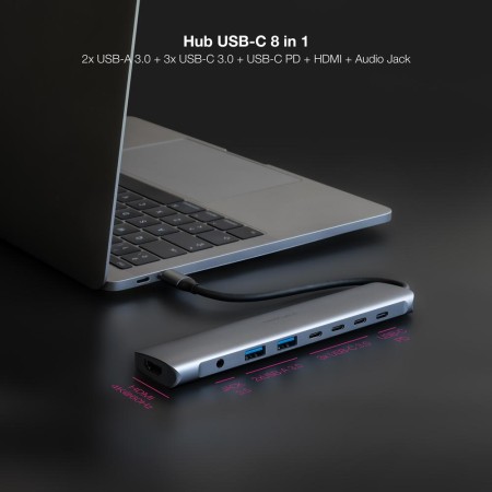 Hub nanocable usb - c 8 en 1 conversor usb - c 3.1 a 2xusb - a 3.0 + 3xusb - c 3.0 + usb - c pd + hdmi 4k@60hz + audio jack 3.5 