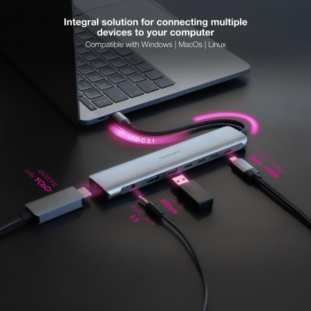 Hub nanocable usb - c 8 en 1 conversor usb - c 3.1 a 2xusb - a 3.0 + 3xusb - c 3.0 + usb - c pd + hdmi 4k@60hz + audio jack 3.5 