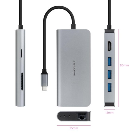 Hub nanocable usb - c 8 en 1 conversor usb - c 3.1 a 3xusb - a 3.0 + hdmi 4k@60hz + usb - c pd + rj45 1gbps + tf + sd aluminio g