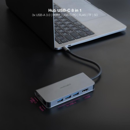 Hub nanocable usb - c 8 en 1 conversor usb - c 3.1 a 3xusb - a 3.0 + hdmi 4k@60hz + usb - c pd + rj45 1gbps + tf + sd aluminio g