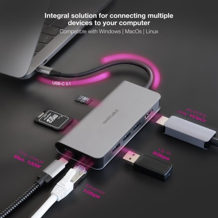 Hub nanocable usb - c 8 en 1 conversor usb - c 3.1 a 3xusb - a 3.0 + hdmi 4k@60hz + usb - c pd + rj45 1gbps + tf + sd aluminio g
