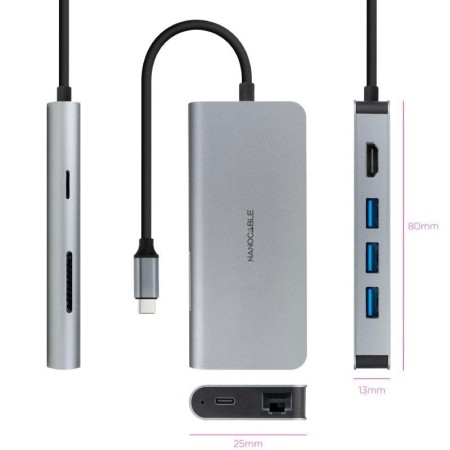 Hub nanocable usb - c 8 en 1 conversor usb - c 3.1 a 3xusb - a 3.0 + hdmi 4k@60hz + usb - c pd + rj45 1gbps + tf + sd aluminio g