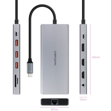 Hub nanocable usb - c 12 en 1 conversor usb - c 3.1 a 3xusb - a 3.2 + usb - c 3.2 + usb - c pd + 2xhdmi 4k@60hz + dp 4k@60hz + r