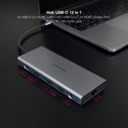 Hub nanocable usb - c 12 en 1 conversor usb - c 3.1 a 3xusb - a 3.2 + usb - c 3.2 + usb - c pd + 2xhdmi 4k@60hz + dp 4k@60hz + r
