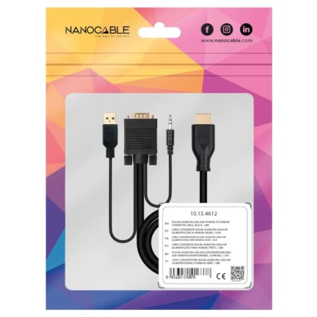 Cable Conversor Nanocable 10.15.4612/ HDMI Macho - VGA Macho/ Jack 3.5 Macho/ USB Macho/ 1.8m/ Negro
