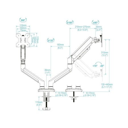 Soporte mesa tooq hasta 34 pulgadas vesa 100 x 100 max 10kg brazo doble blanco