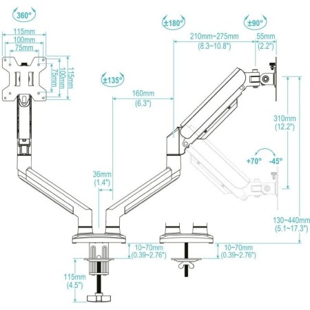 Soporte mesa tooq hasta 34 pulgadas vesa 100 x 100 max 10kg brazo doble blanco