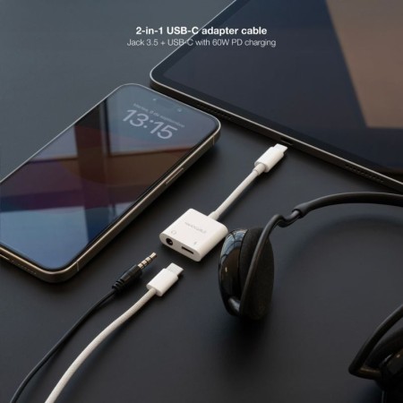 Adaptador Audio Nanocable 10.24.1206/ USB Tipo-C Macho - Jack 3.5 Hembra/ USB Tipo-C Hembra/ Blanco