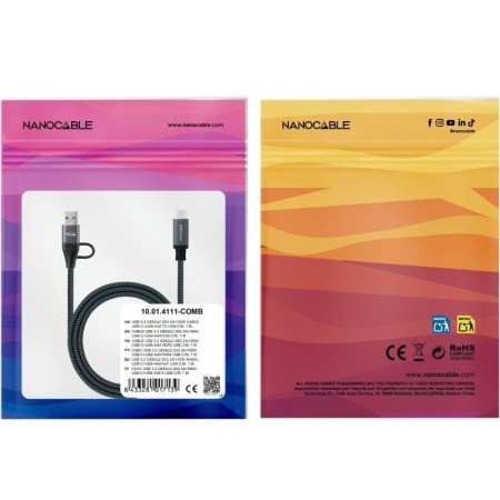 Cable USB 3.2 Tipo-C Nanocable 10.01.4111-COMB/ USB Tipo-C Macho + USB Macho - USB Tipo-C Macho/ Hasta 100W/ 20Gbps/ 1m/ Gris y 