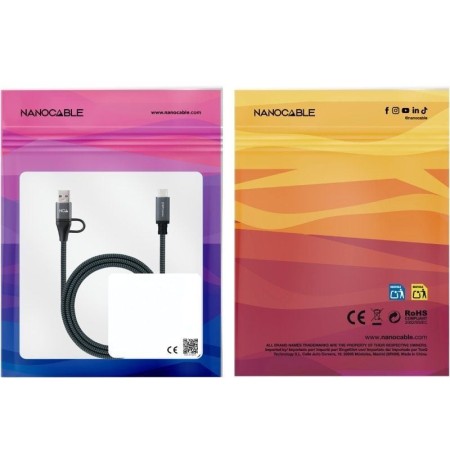 Cable USB 3.2 Tipo-C Nanocable 10.01.4112-COMB/ USB Tipo-C Macho + USB Macho - USB Tipo-C Macho/ Hasta 100W/ 20Gbps/ 2m/ Gris y 