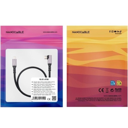 Cable USB 3.2 Tipo-C Acodado Nanocable 10.01.4700/ USB Tipo-C Macho - USB Tipo-C Macho/ Hasta 100W/ 10Gbps/ 50cm/ Negro
