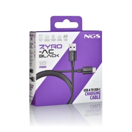 Cable USB 2.0 NGS ZYRO-AC/ USB Macho - USB Tipo-C Macho/ Hasta 15W/ 480Mbps/ 1m/ Negro