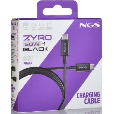 Cable USB 2.0 Tipo-C NGS ZYRO 60W-1/ USB Tipo-C Macho - USB Tipo-C Macho/ Hasta 60W/ 480Mbps/ 1m/ Negro