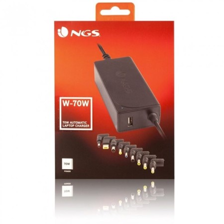 Cargador de Portátil NGS W-70W/ 1xUSB/ 70W/ Automático/ 9 Conectores/ Voltaje 18.5-20V