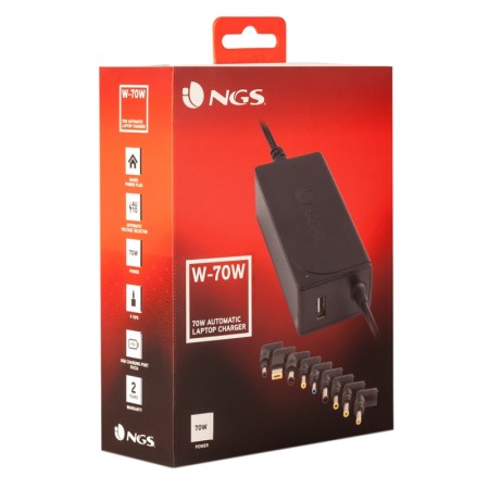 Cargador de Portátil NGS W-70W/ 1xUSB/ 70W/ Automático/ 9 Conectores/ Voltaje 18.5-20V