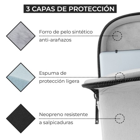Funda maletin neopreno phoenix para portátil o tablet hasta 14 pulgadas interior terciopelo gris