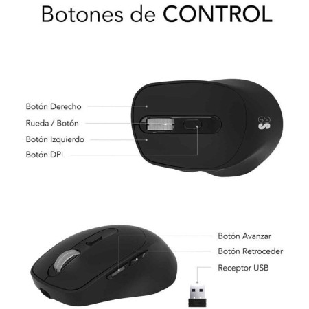 Ratón Ergonómico Inalámbrico Subblim Comfort Ergo Dual Battery/ Batería recargable/ Hasta 2400 DPI/ Negro