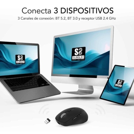 Ratón Ergonómico Inalámbrico Subblim Comfort Ergo Dual Battery/ Batería recargable/ Hasta 2400 DPI/ Negro