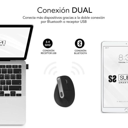 Ratón Ergonómico Inalámbrico Subblim Nature Vertical Ergo Dual Battery/ Batería Recargable/ Hasta 4000 DPI/ Negro
