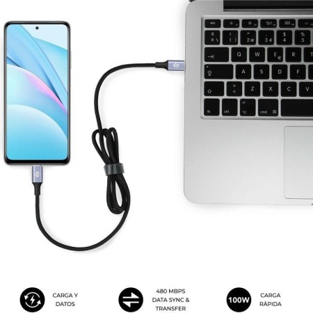 Cable USB 2.0 Tipo-C Subblim Plus/ USB Tipo-C Macho - USB Tipo-C Macho/ Hasta 100W/ 480Mbps/ 1m/ Negro