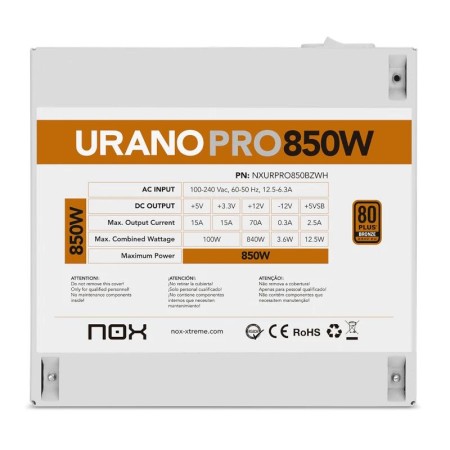 Fuente de Alimentación Nox Hummer Urano Pro White/ 850W/ Ventilador 12cm/ 80 Plus Bronze