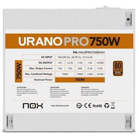 Fuente de Alimentación Nox Hummer Urano Pro White/ 750W/ Ventilador 12cm/ 80 Plus Bronze/ Blanca